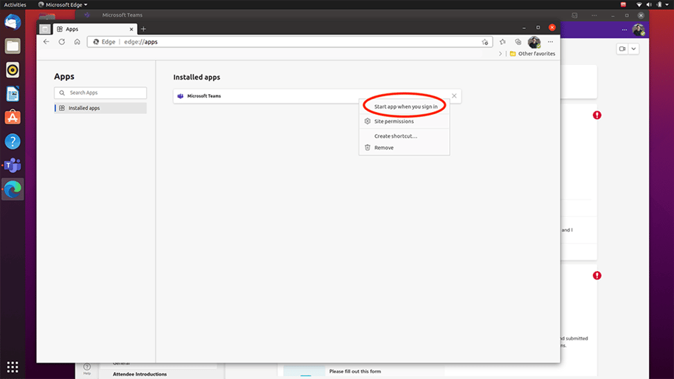 thumbnail image 2 captioned Starting the Microsoft Teams app through the Edge browser on Ubuntu Linux distribution